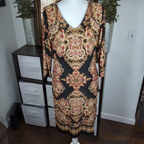 I.N.C INTERNATIONAL CONCEPTS BLACK, GOLD & BURGUNDY DRESS SZ.S EUC - Picture 2 of 7